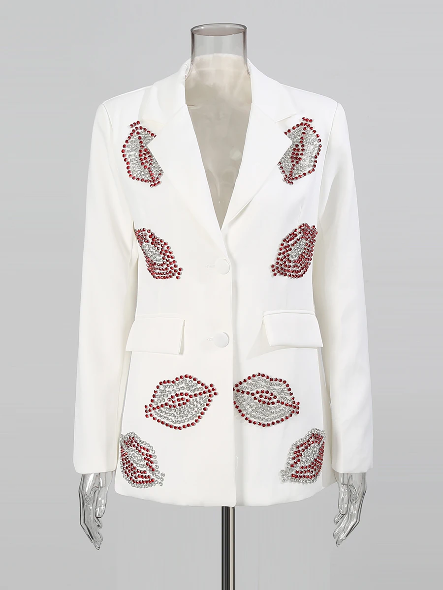 CHICEVER Solid Spliced Diamonds Lips Chic Jacket Female Lapel Long Sleeve Office Lady Women's Jackets Autumn Fashion New Style