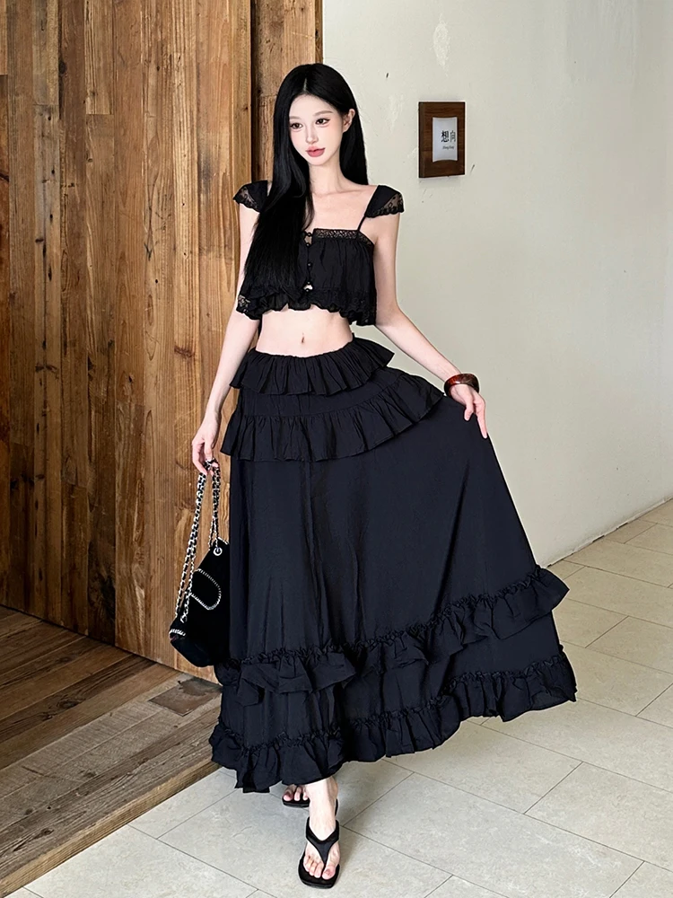 ReddaChic Button Front Top Skirt Matching Set Women Holiday Fly Sleeve Cami Ruffle Layered Maxi Skirt Romantic Summer Clothes