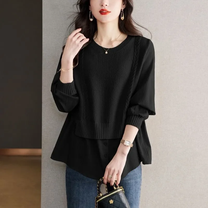 

2025 поддельный модный свободный осенне-зимний вязаный топ из двух предметов с круглым вырезом и длинными рукавами для похудения