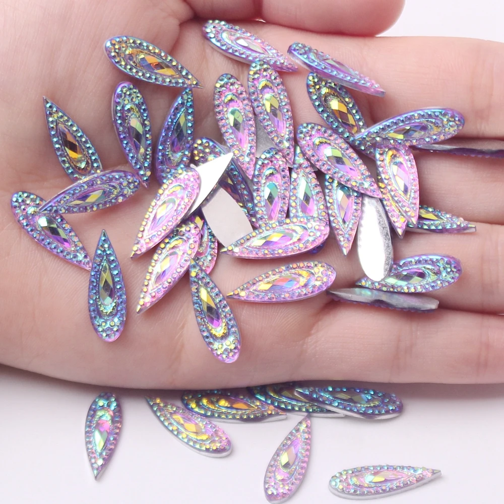 

Long Water Drop Phoenix Tail Feather AB colour Resin 7×21mm 40pcs Eyebrow Center Stickers For DIY Dance costume Decorative