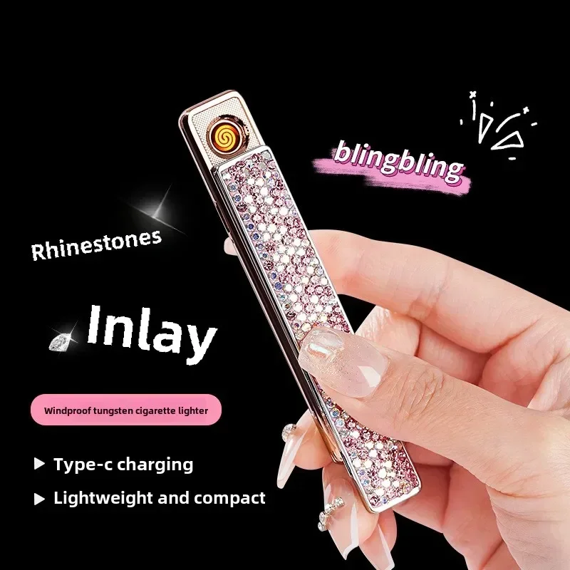 New Women's Lighter Fashion Cute Mini Diamond USB Lighter Outdoor Windproof Compact Electric Lighter Smoking Girl Gift