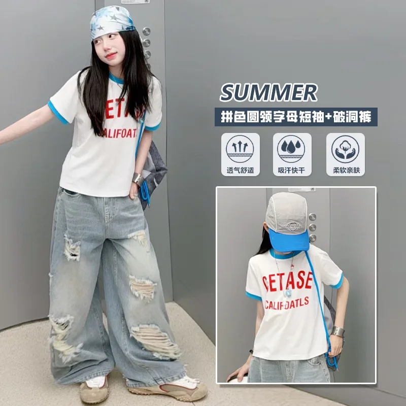 summer teen girls ripped jeans cotton casual letter T-shirt junior kids hip-hop Jazz street Dance child sport clothes outfits