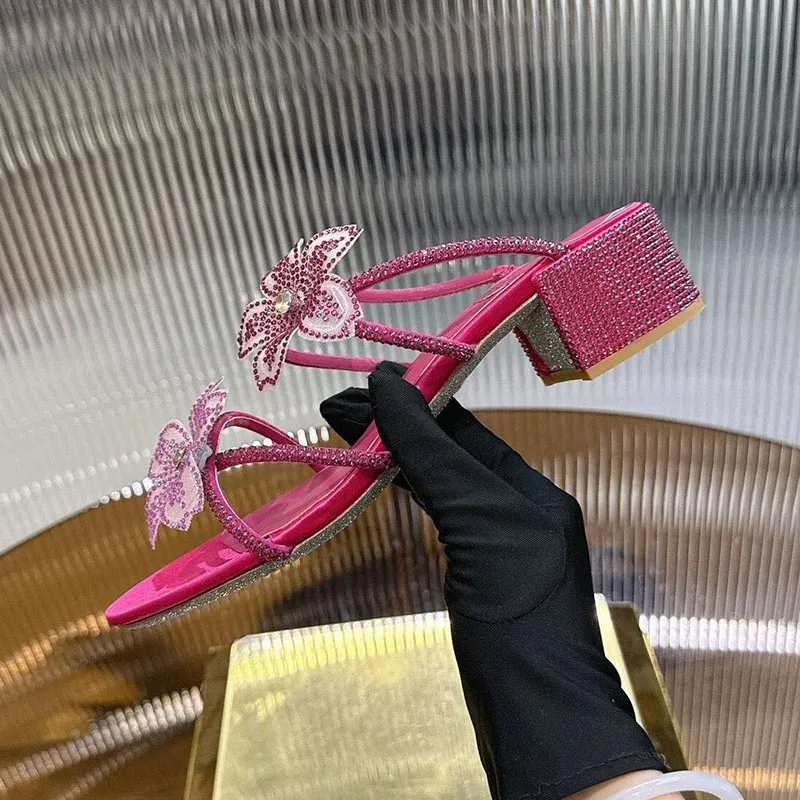 Slippers Open Toe Rhinestone Flower Decor Sandals Summer Women's Thin Strip Design Thick Heel Dress Shoes Wedding Shoes - view 6