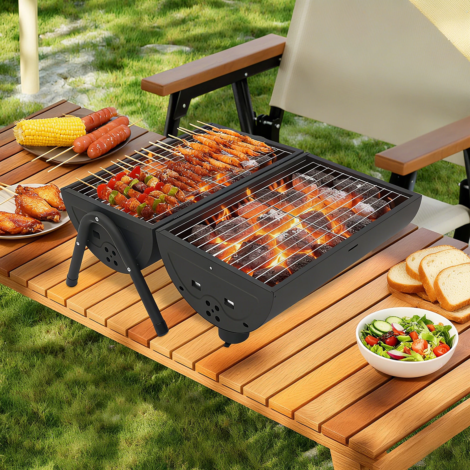 

Double-Sided Charcoal Grill, Tabletop Charcoal Grill with 2 Baking Nets, for Outdoor Cooking, Camping, Picnics, Backyard, Black