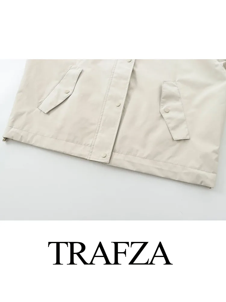 TRAFZA-Casaco elegante com capuz feminino, mangas compridas, bolso, peito único, zíper, casual, cordão, casacos monocromáticos, outono