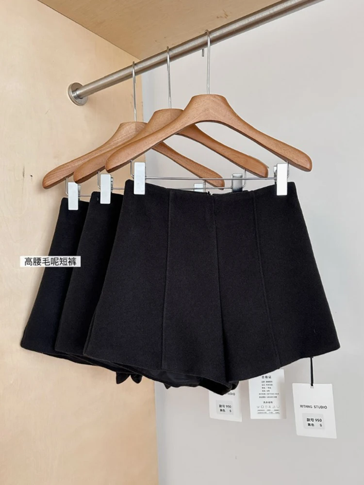Fall Winter Women French Vintage Old Money Mini A-line Vintage Woolen Skirt High Street Korean Culottes Office Lady High Waist