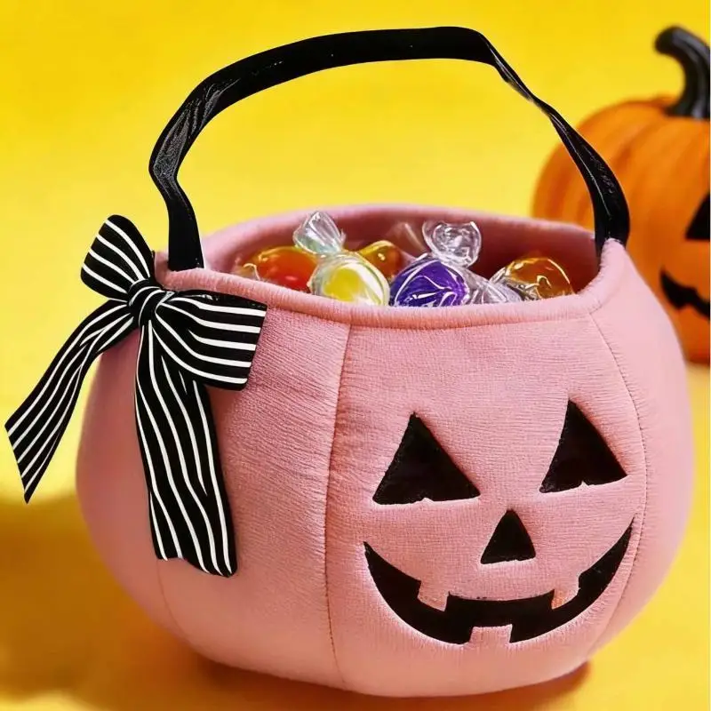 Halloween Pumpkin Candy Bucket Bowknot Embroidery Handbag Kids Trick Or Treat Pouch For Holiday Party Cosplay Decor Props