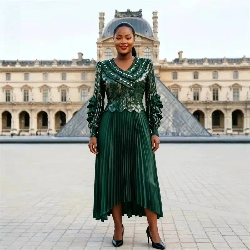 ANLAN Gold Foil Printing Pleated Women's Dress Fashion Beading Hand-crafted Floral Design Elegant Long Sleeve Clothing 2026 New