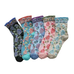 5 Pairs Streetwear Winter Cotton Socks Women Fashion Harajuku High Quality Flower Print Kawaii Socks Korean Style Long Sokken