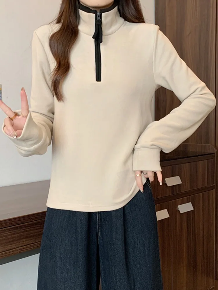 

Thiened Long Sve Hoodie Women's Spring New Sle plus Size Slim Fit Warm Top Zipper Stand Collar European Sle Clothing
