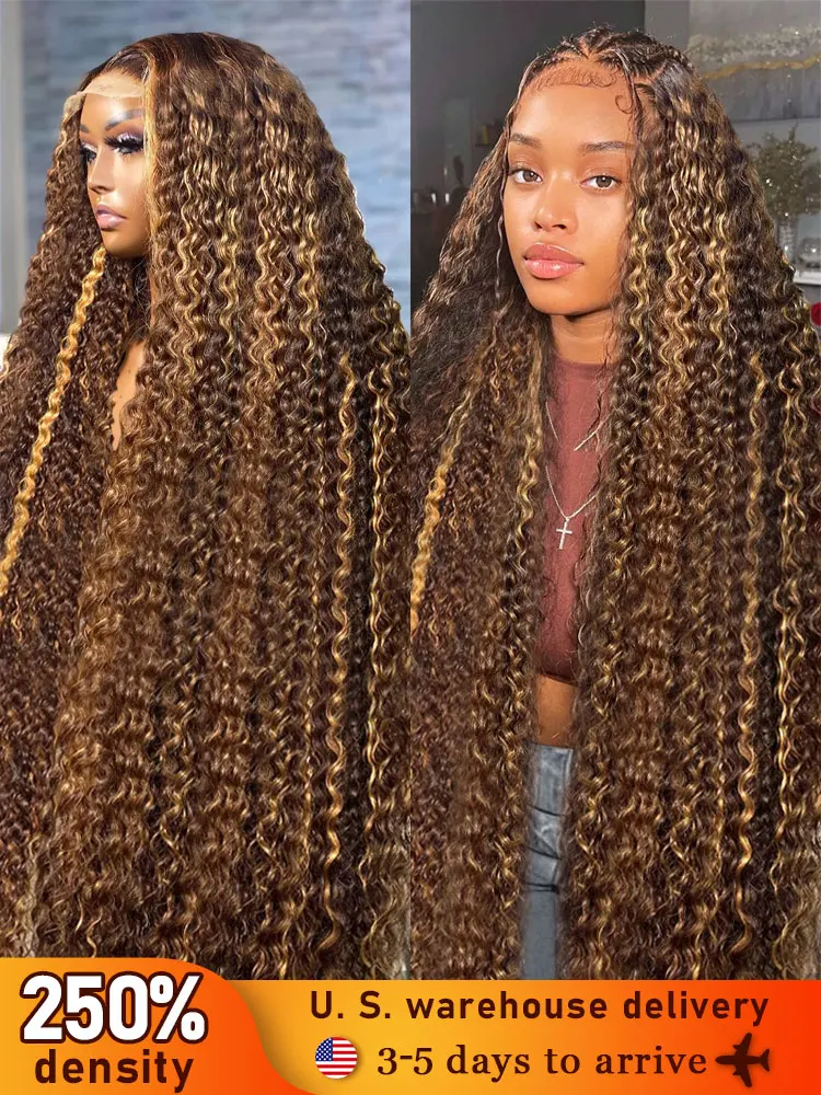 30 32 Inch Highlight Honey Brown Curly Lace Front Human Hair Wigs 13x6 13x4 Ombre Colored Deep Wave Lace Frontal Wig