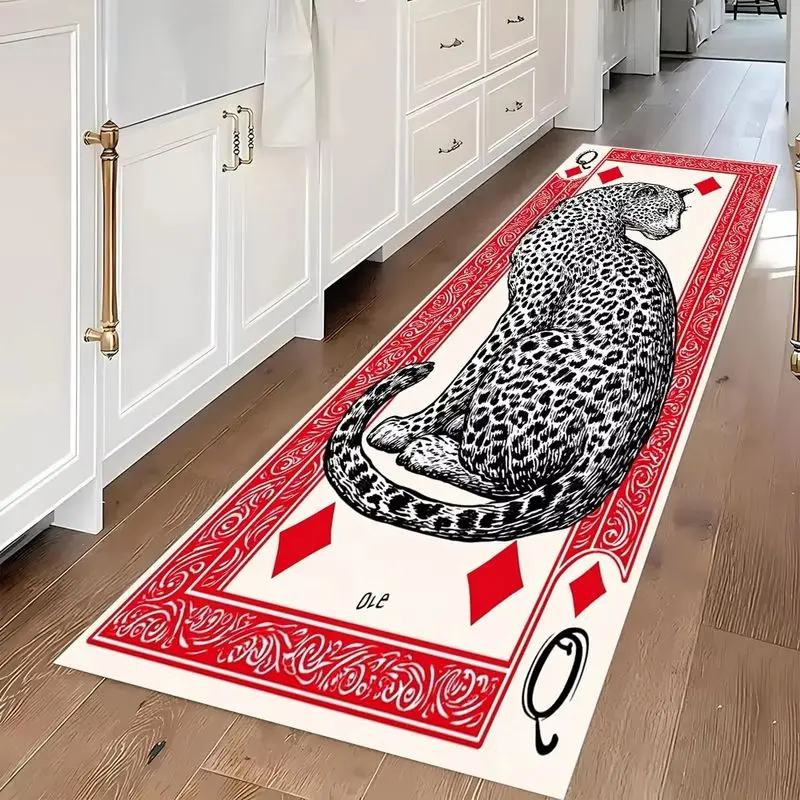 VIKAMA Poker Card Queen Leopard Runner Rug Playing Card Cheetah Print Long Carpet For Hallway Kitchen Bedroom Funky Home Decor
