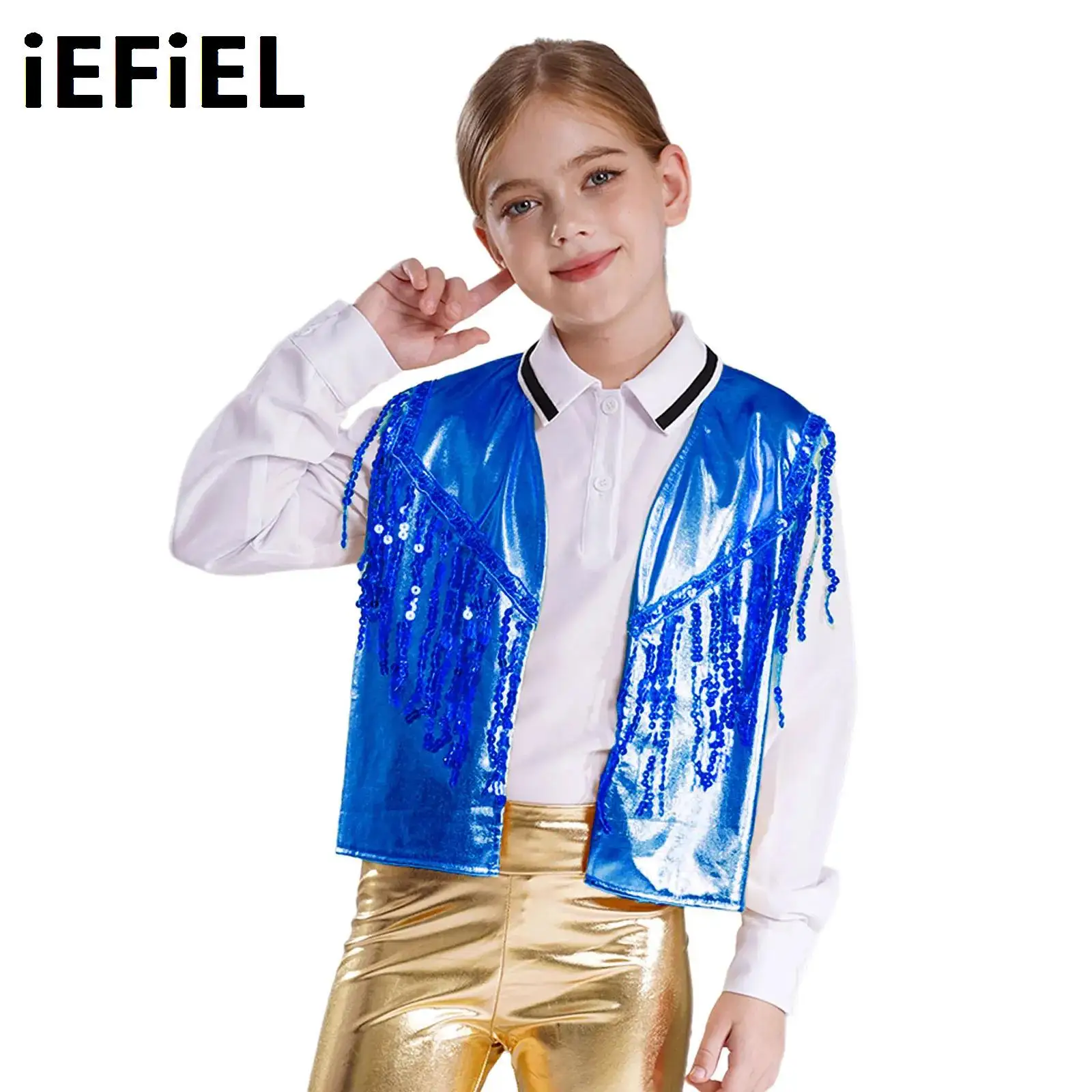 

Kids Girls Sequin Tassel Waistcoat Metallic Vest Sparkling Open Front Sleeveless Jacket Stage Performance Costume