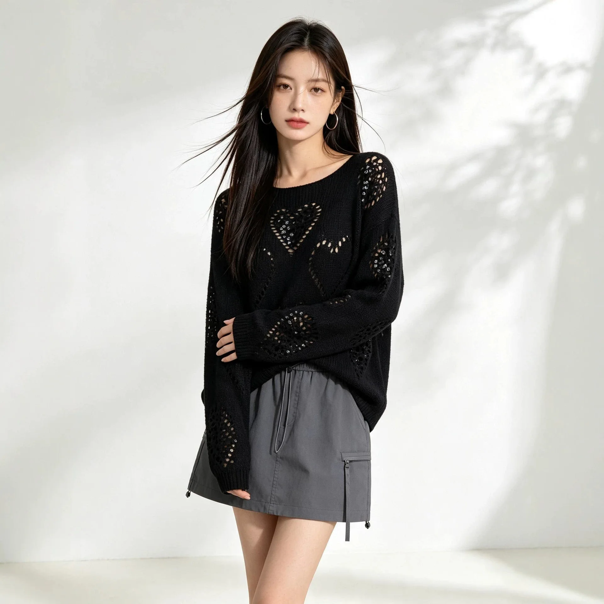 Glittering Long Sleeve Knitted Sweater Women's Spring Autumn New Style Heavy Work Hollow out Design Fashionable Top