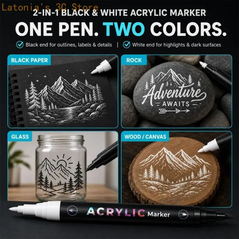 Double Color Acrylic Paint Markers Black and White Acrylic Marker Set, 12 Count for Dark Paper Rock Glass Canvas, Contrast Art