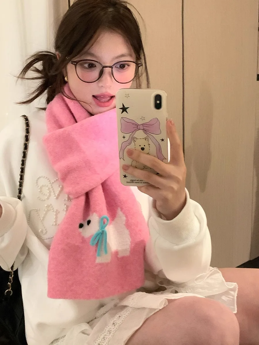 

Autumn And Winter Sweet Bow Knit Scarf Woman With Wool Cartoon Dog Warm Wool Wool Scarf Korean Version Of A Versatile