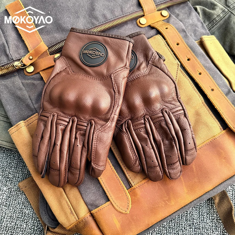 Retro Brown Leather Motorcycle Gloves Men Women Anti Drop Breathable Motorbike Racing Gloves Touch Screen Motocross Moto Gloves