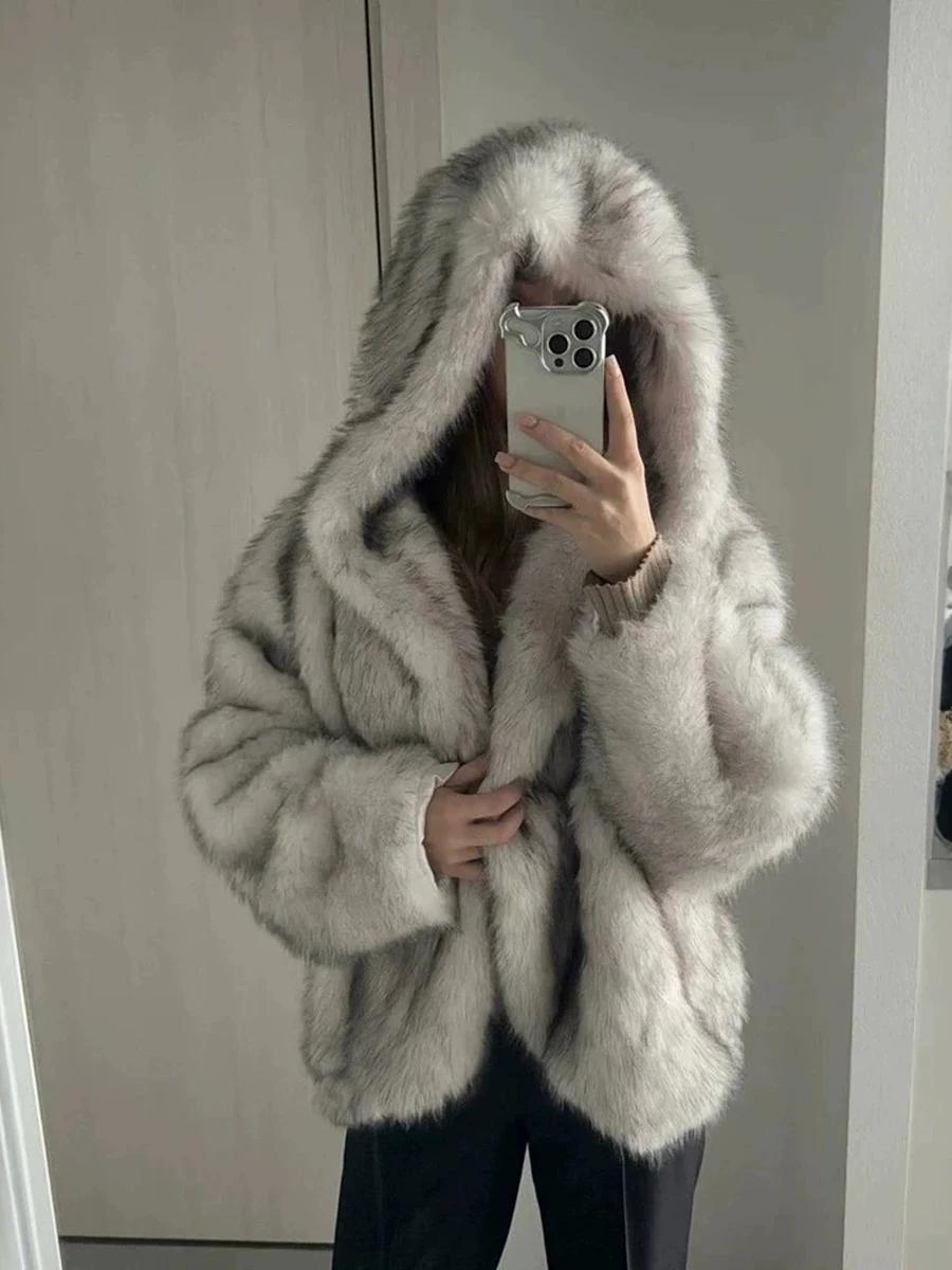 TWOTWINSTYLE Cool Hooded Faux Fur Women Jacket Long Sleeve Loose Thick Warm Short Coat for Winter Streetwear Commute Fashion New