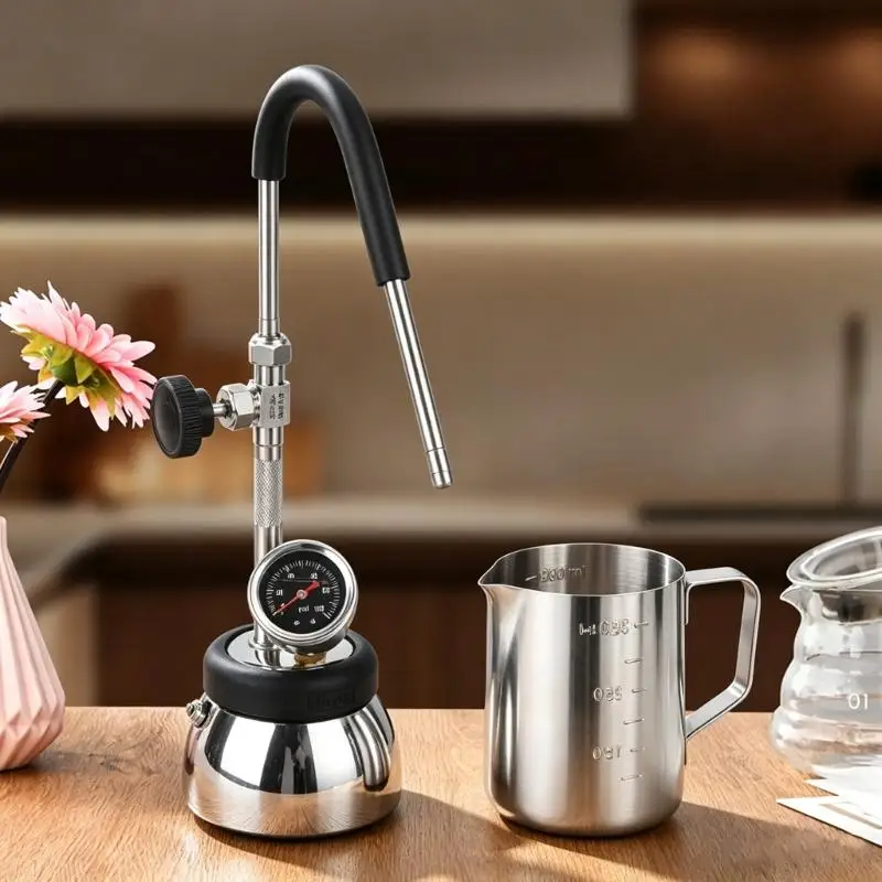 QX2E Coffee Frother Pitcher for Stovetop Use, 300 Milliliter Metal Pot for Home Beverage Making, Coffee Corner Storage, and