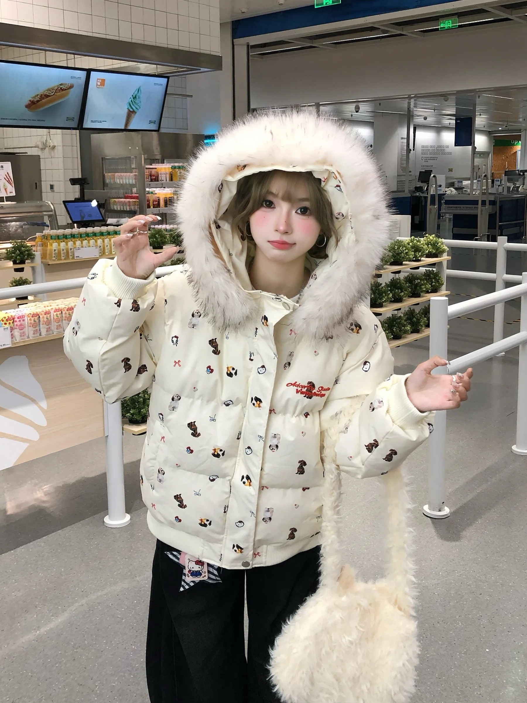 

Cute And Dog Print Hooded Cotton Jaet Women's Winter Warm Bread Sle Coat Tagkita Brand Sweet Sle Loose Fit Long Sve