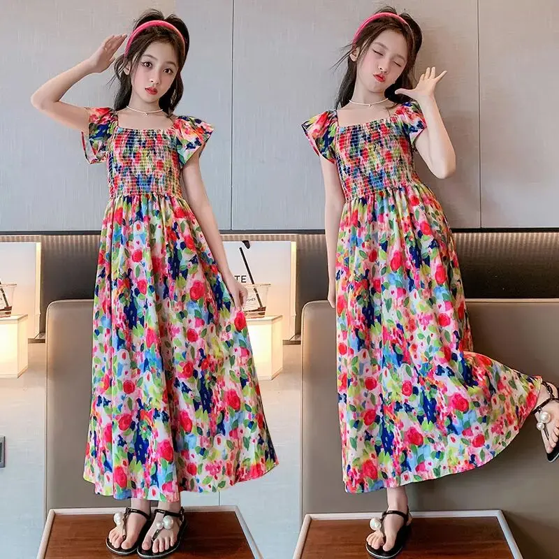 Girls summer dress retro style oil painting dress 2025 new big child lady long skirt beach skirt fairy skirt tide110-170cm