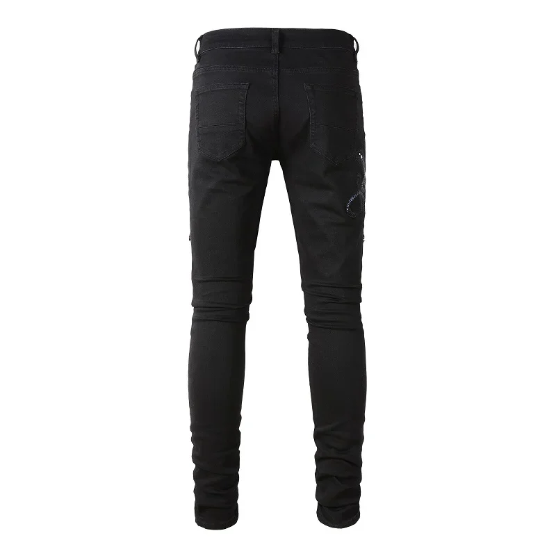 

Men Snake Embroidery Jeans Skinny Tapered Stretch Denim Pants Streetwear Holes Ripped Leather Patch Patchwork Trousers Black