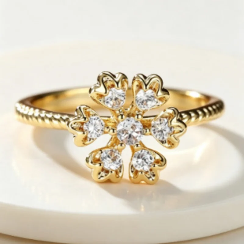 2026 New Love Six Petal Flower Studded Diamond Ring for Female Actors, Elegant Trend, Gentle Commuting, Niche Accessories