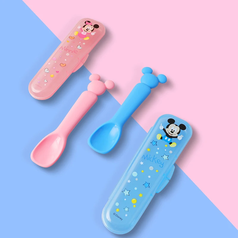 Silicone Spoon Soft Spoon Baby Disney Spoon Feeding Tableware Rice Spoon Food Grade Cartoon Mickey New Box Blue Pink Spoon