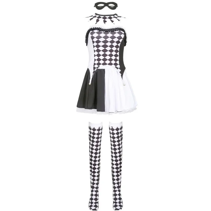 Adult Circus Clown Costumes Funny Women Black White Lattice Clown Suit Halloween Carnival Cosplay Party Fancy Masquerade Dress