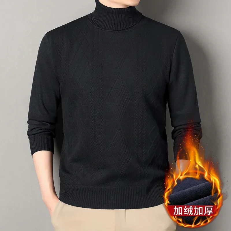 Regular Fit Fleece Lined Male Jumper Vertical Arrow Diamond Jacquard High Neck Home Outdoor Warm Knit Top