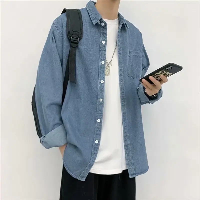 Loose Long Sleeve Denim Shirt for Boys Spring Autumn Fashionable Casual Outerwear Youth  Style Button Detail Water Washed
