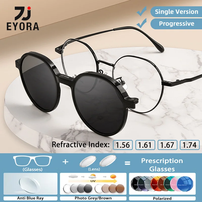 

EYORA Retro Round Titan Magnetic Clip Reading Glasses Myopia Eyewear Hyperopia Anti Blue Ray Progressive Photochromic Eyewear