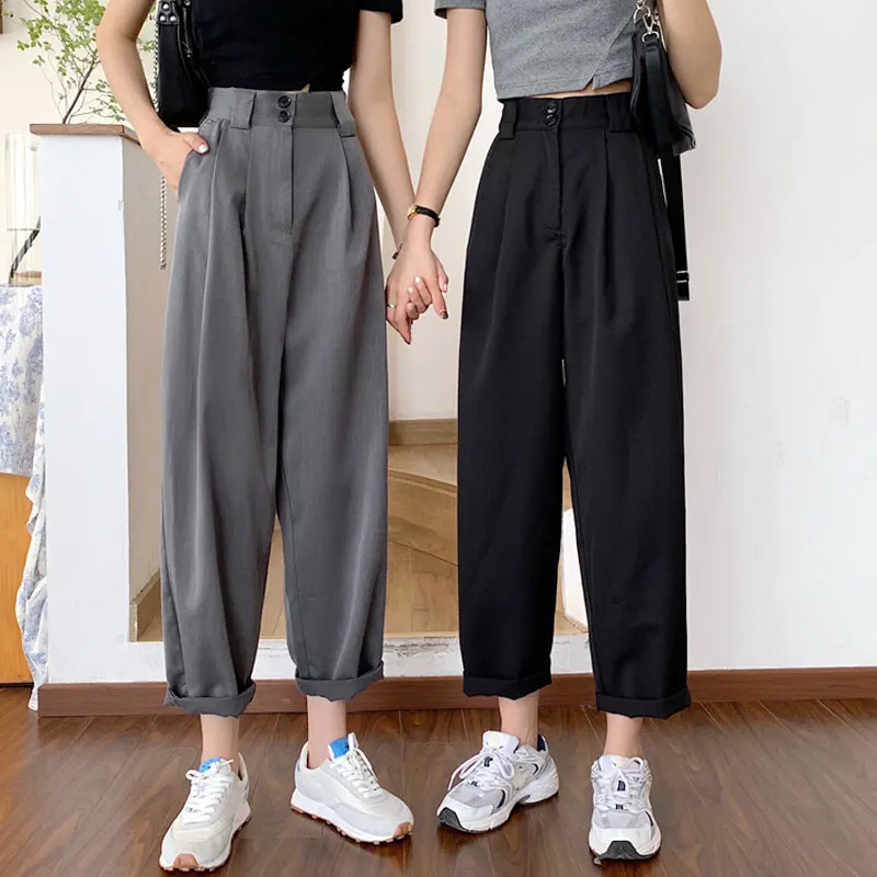 

2024 Women Spring Summer New Loose Straight Suit Pant Female Solid Color Wide-leg Pants Ladies High Waist Pockets Trousers W113