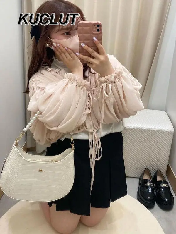 สาวเสื้อจีบสายรัดเชื้อรา Edge Stand-up COLLAR Bottoming เสื้อ 2 ชิ้นชุดแฟชั่นฤดูใบไม้ผลิฤดูใบไม้ร่วงผู้หญิงเสื้อ