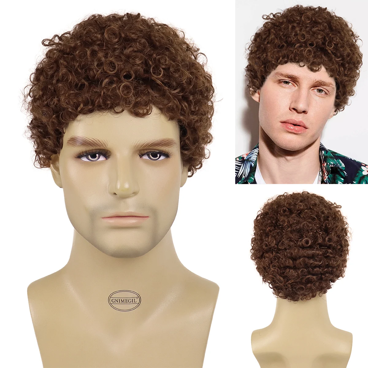 Braune synthetische kurze Afro-Perücke, verworren, lockig, für schwarze Männer, elastische Locken, afrikanische Frisur, tägliche Cosplay-Party-Perücke, Mann, männliches Haar
