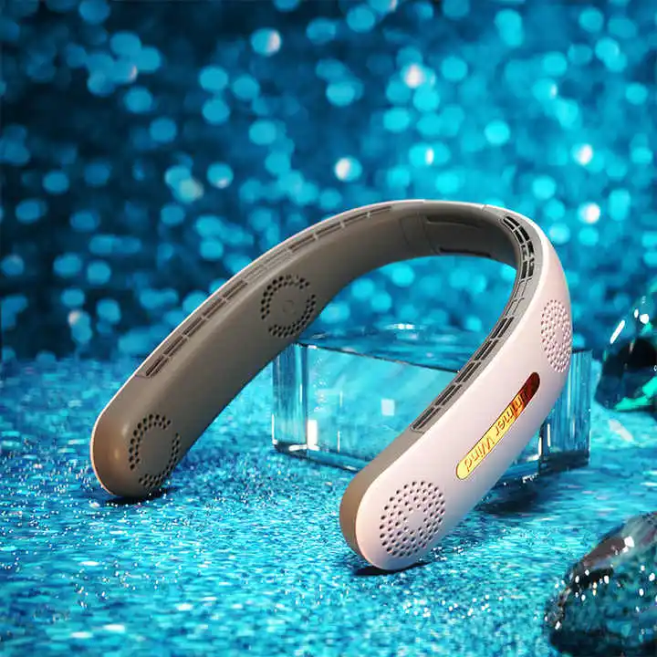 

2023 Новый дизайн, 4 вентилятора, портативный уличный USB 2400 мАч, перезаряжаемая батарея, ожерелье, вентилятор, бесшумный безлопастной подвесной вентилятор на шею