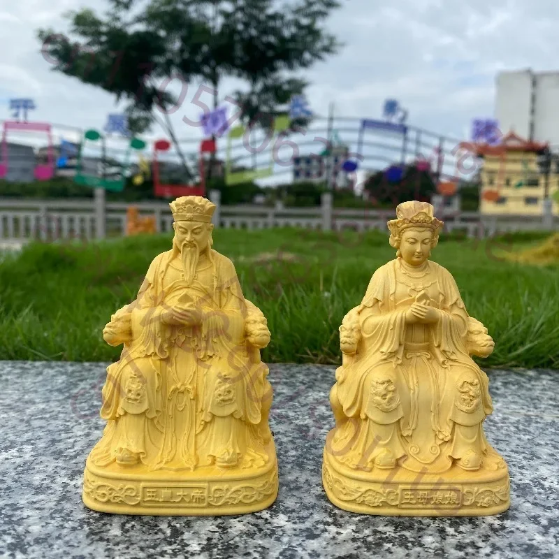 Hand-Carved Boxwood Queen Mother & Jade Emperor Statue - 3.9