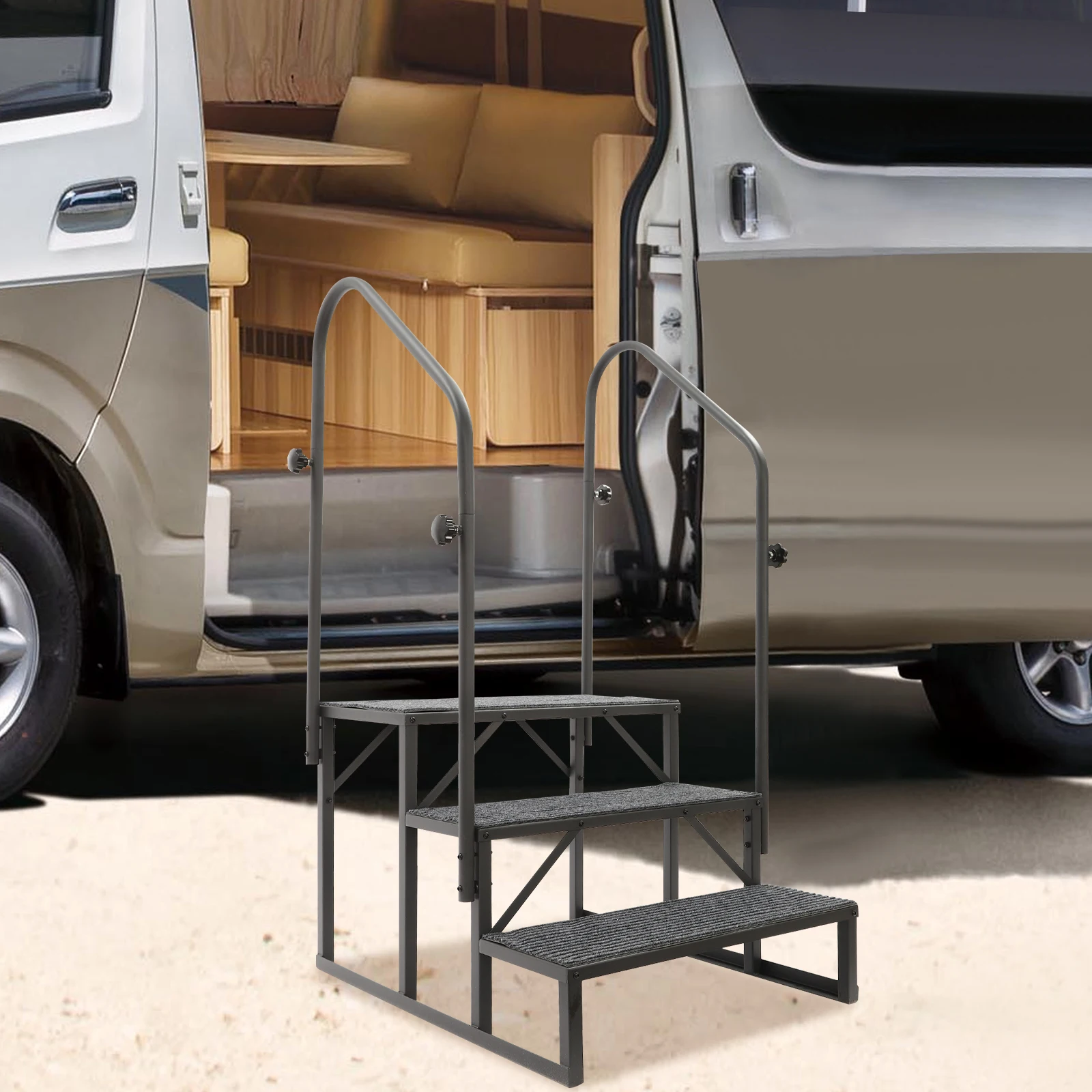 3-Step RV Step Ladder  RV Steps with Handrail 450Lbs Per Step Load Capacity 3-step Stairs Steps with Anti-slip Handrail