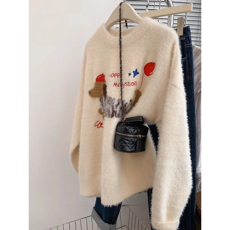 

Mink Velvet Dachshund Round Neck Pullover Sweater for Women Autumn Winter Loose Thickened Lazy Style Sweater