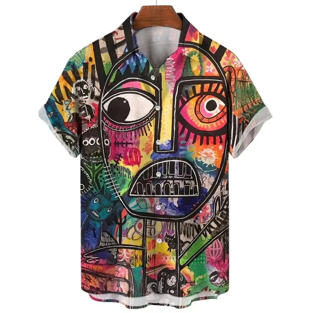 Retro Pop Style Multi Color Splicing Abstract Graffiti Face Art Full Print Men's Loose Beach Shirt