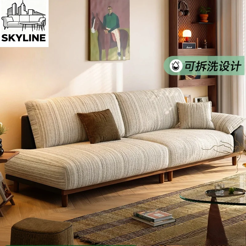 Retro Straight Fabric Sofa with Single Armrest, Solid Wood Frame Cream Style Washable Sofa for Small Apartment Living Room