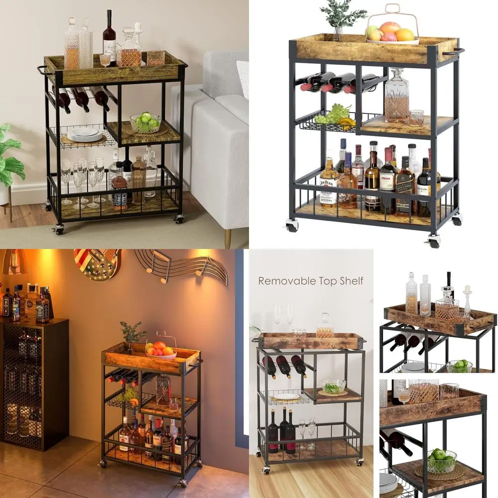 

Vintage 3-Tier Rolling Wine Rack with Basket and Glass Holder - Mobile Industrial Style Serving Trolley for Home