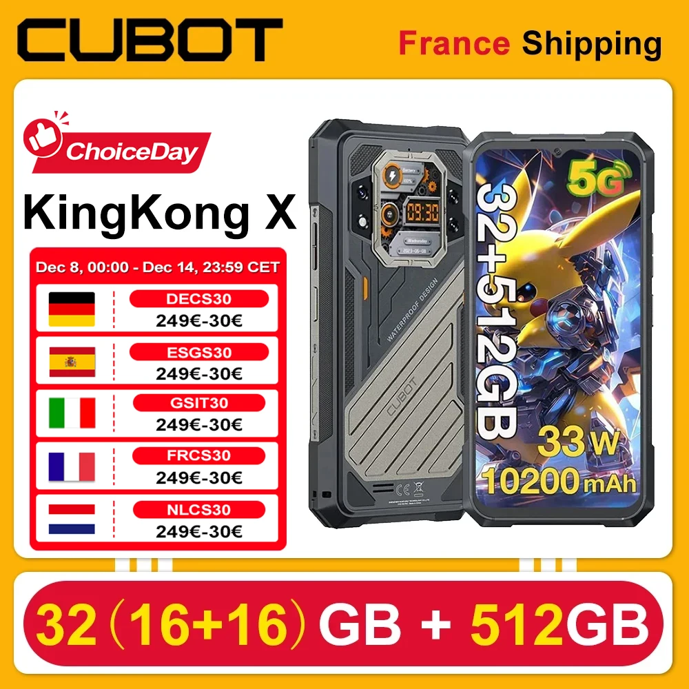 CUBOT KingKong X Android 14 Smartphone 32GB(16 + 16) 512GB 10200mAh 33W 6.583 "FHD + 120Hz 100MP + 32MP NFC 5G téléphone portable