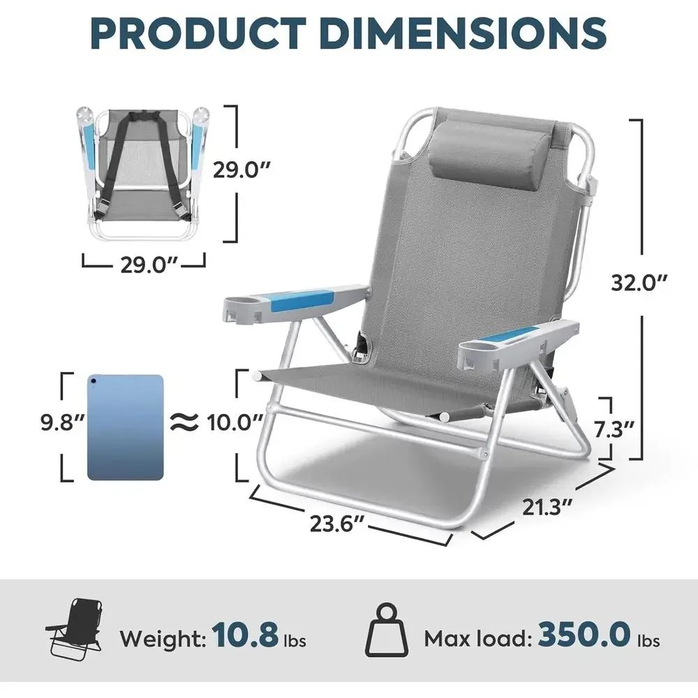 Portable 5-Position Reclining Beach Chair for Adults, Heavy-Duty, with Cup Holder, Suitable for Outdoor, Camping, Lawn - Support