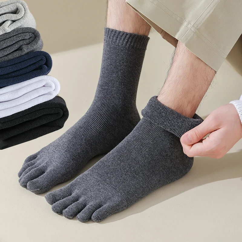 Autumn Winter Men's Woolen Terry Five Fingers Socks Warm Sweat Absorbing Mid Tube Business Socks Towel Socks Split Toes 5 Finger