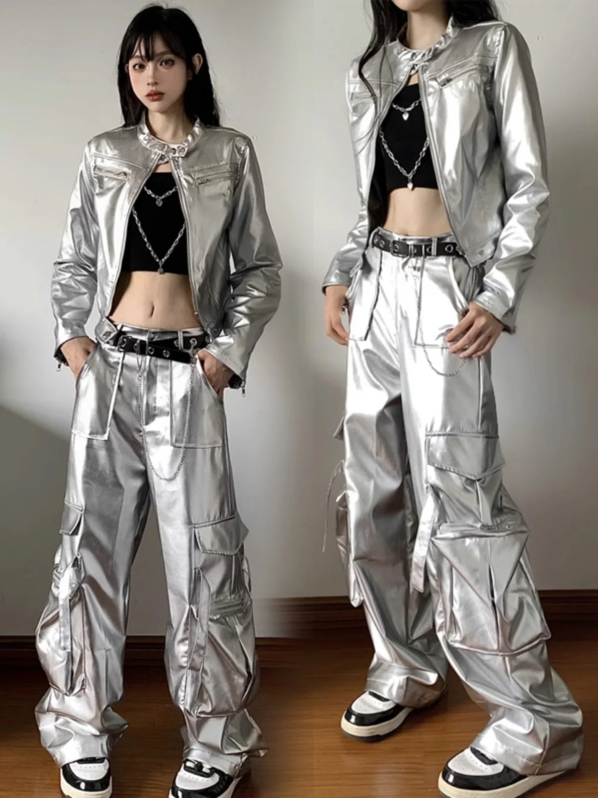Modern Dance Practice Outfit Long Sleeve Jacket Streetwear Hip Hop Performance Costume Women's Motorcycle Bright Silver Set