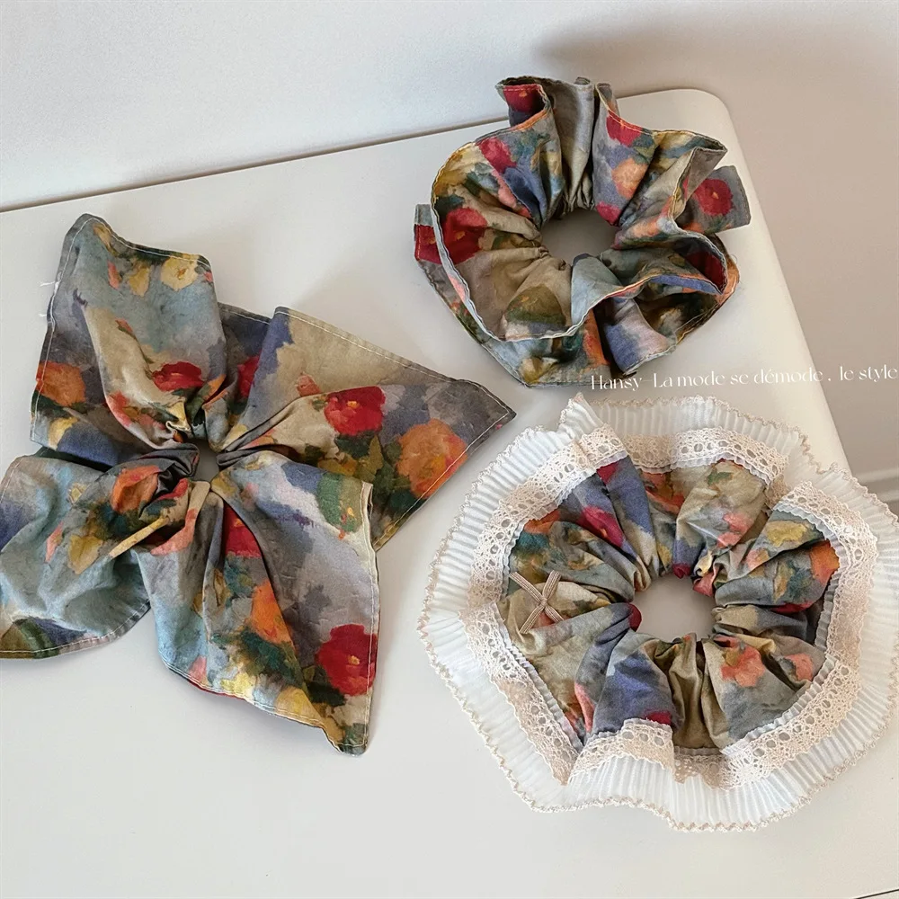 Korean Style Handkerchief Hair Band Checkered Lace Large Intestine Hair Band Bow Tie Ribbon Hair Rope Hair Accessory