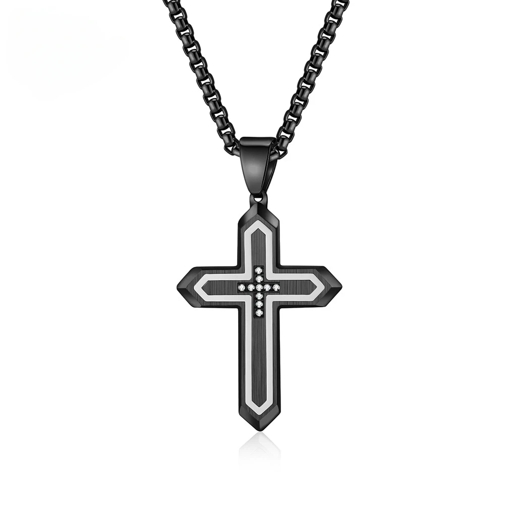 New Trendy Stainless Steel Two-tone Shinny Zircon Cross Pendent Necklace for Men Gold Plated Jewelry