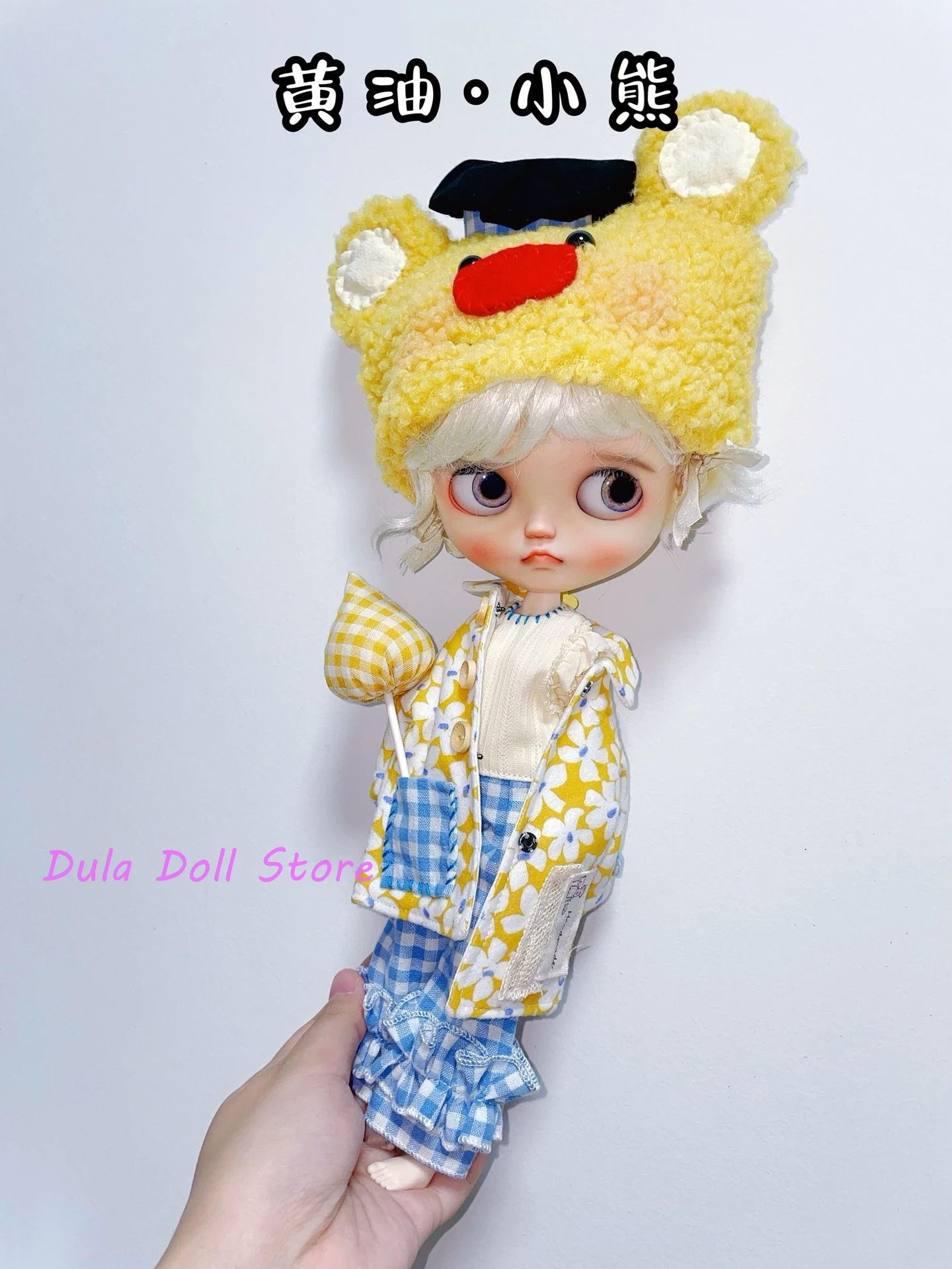 Dula Doll Clothes Dress Yellow patterned jacket bear hat set Blythe Qbaby ob24 ob22  1/6 Bjd Doll Accessories