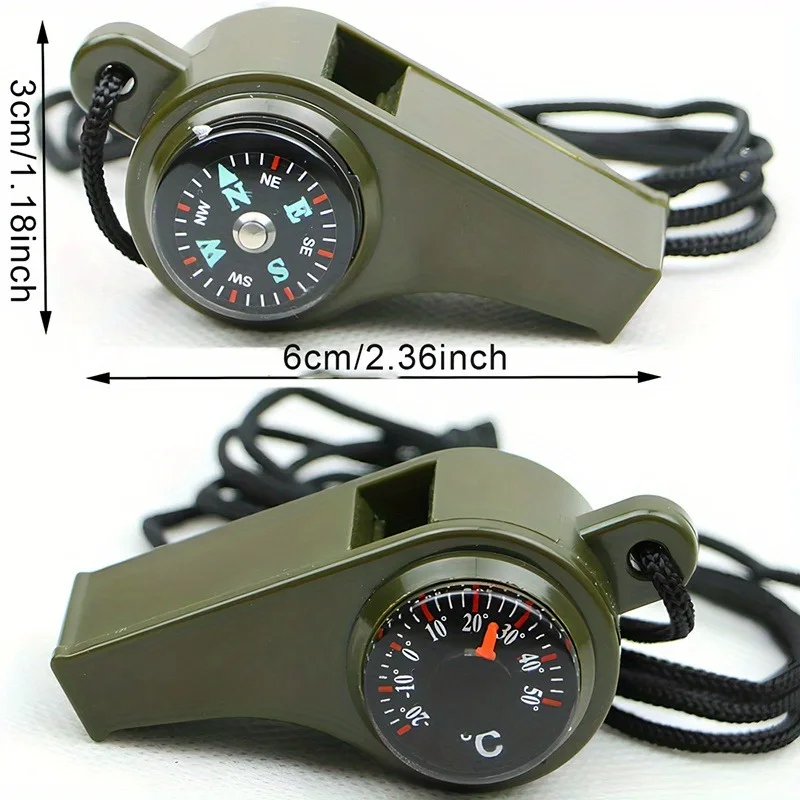 3-in-1 Multifunction Emergency Survival Whistle Compass Thermometer for Camping Hiking Outdoor Sports Referee Cheerleading